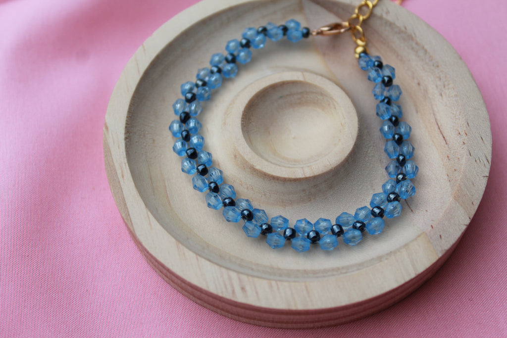 Handmade Beaded Bracelet Set | Blue Crystal, Cherry Charm | Stackable Minimalist Jewellery