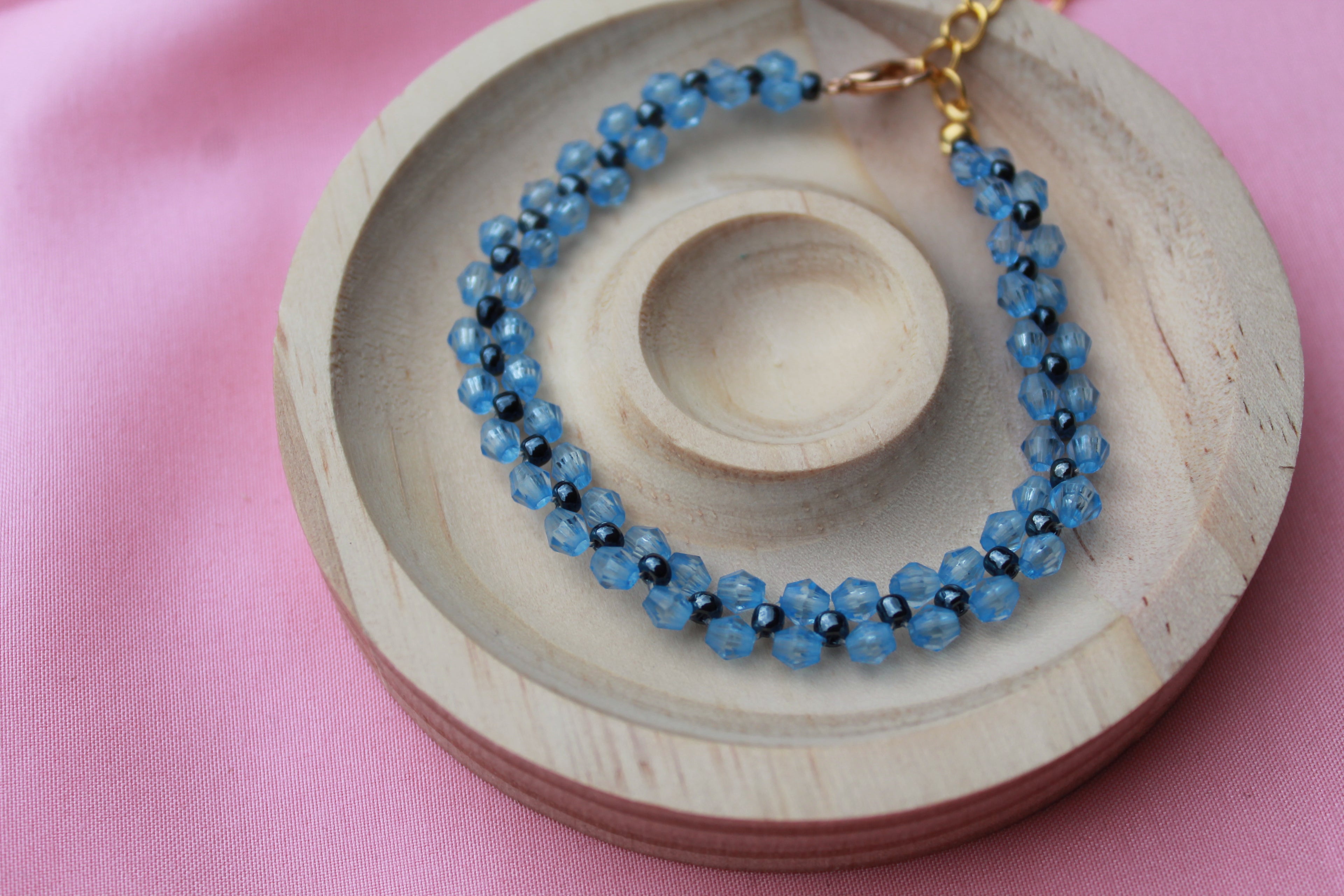 Handmade Beaded Bracelet Set | Blue Crystal, Cherry Charm | Stackable Minimalist Jewellery