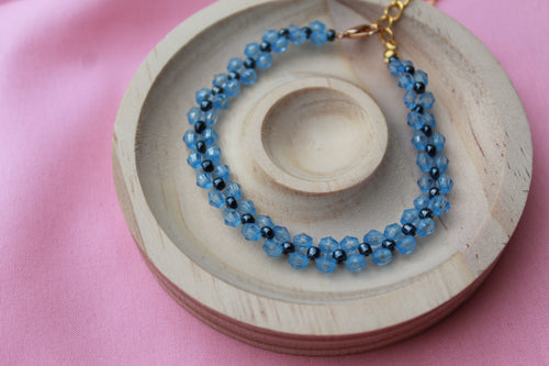 Handmade Beaded Bracelet Set | Blue Crystal, Cherry Charm | Stackable Minimalist Jewellery