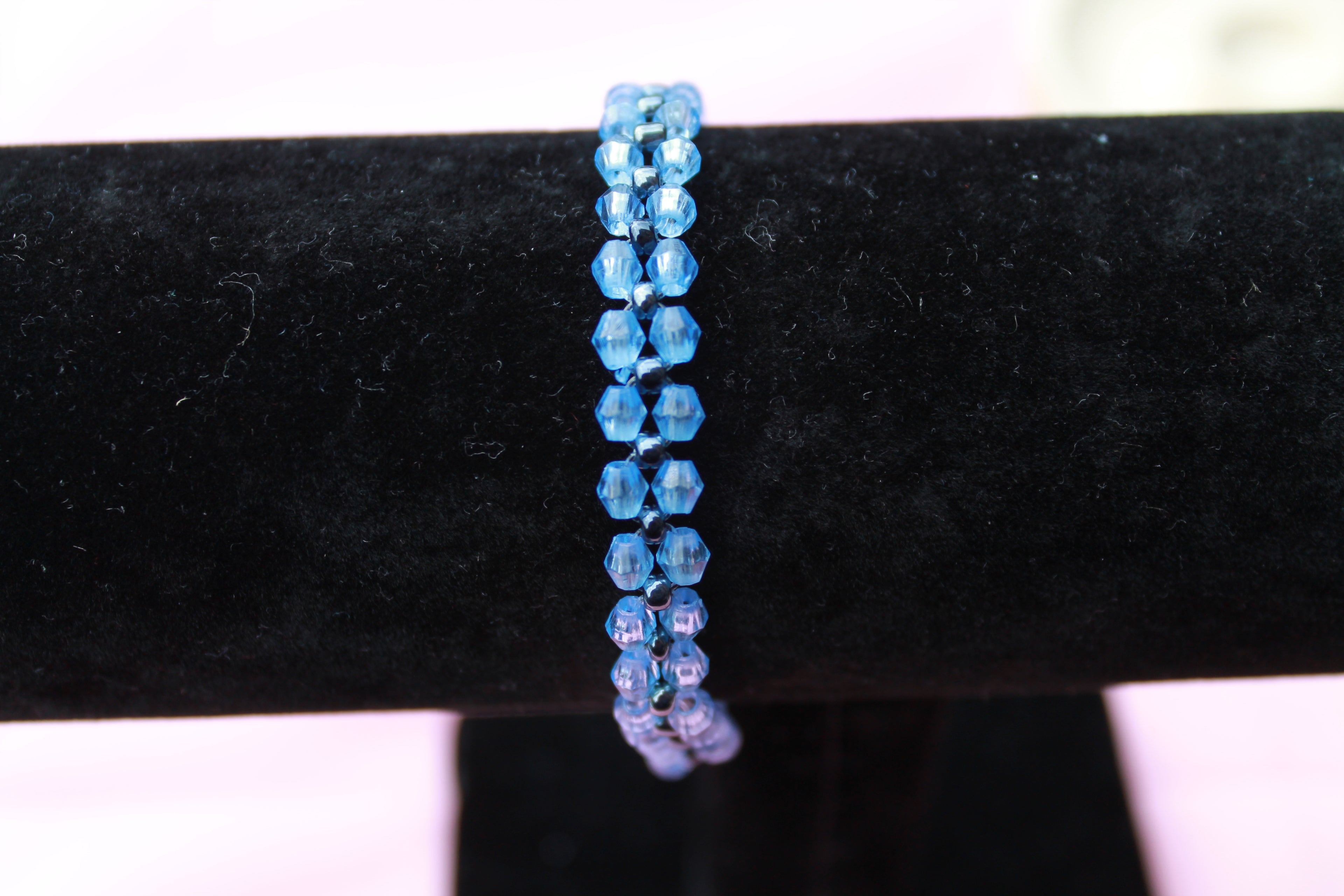 Handmade Beaded Bracelet Set | Blue Crystal, Cherry Charm | Stackable Minimalist Jewellery