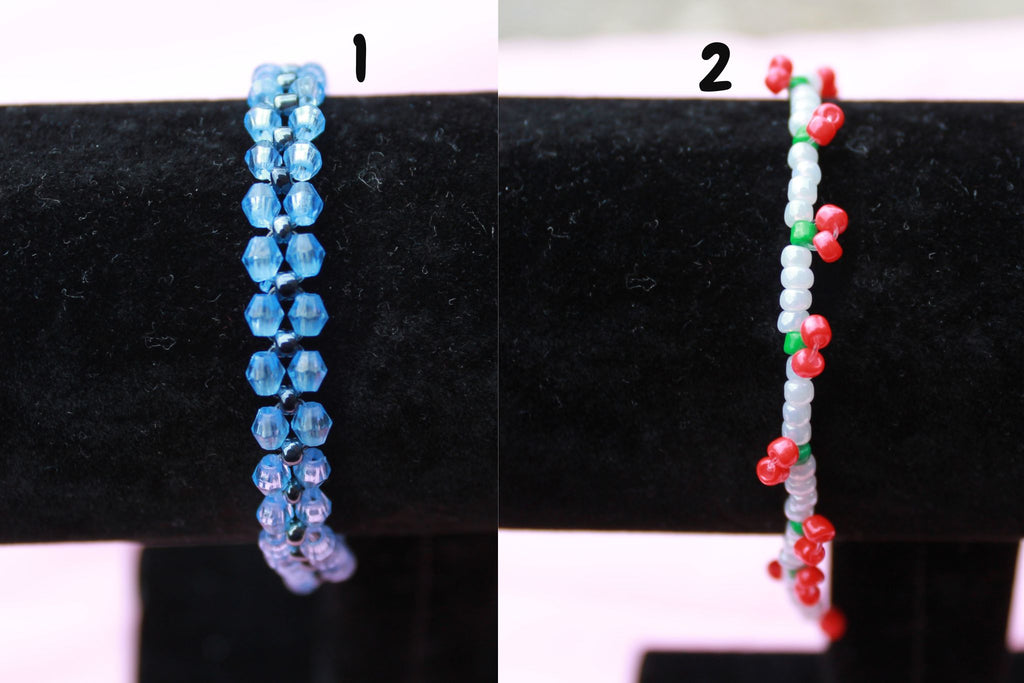 Handmade Beaded Bracelet Set | Blue Crystal, Cherry Charm | Stackable Minimalist Jewellery